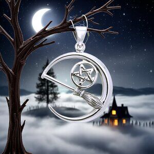 Crescent Moon Witch Broom Pentacle Sterling Silver Pendant